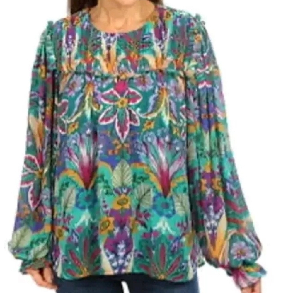 NWT Nicole Miller Women's Size XL Floral Print Boho Chiffon Long Sleeves Blouse